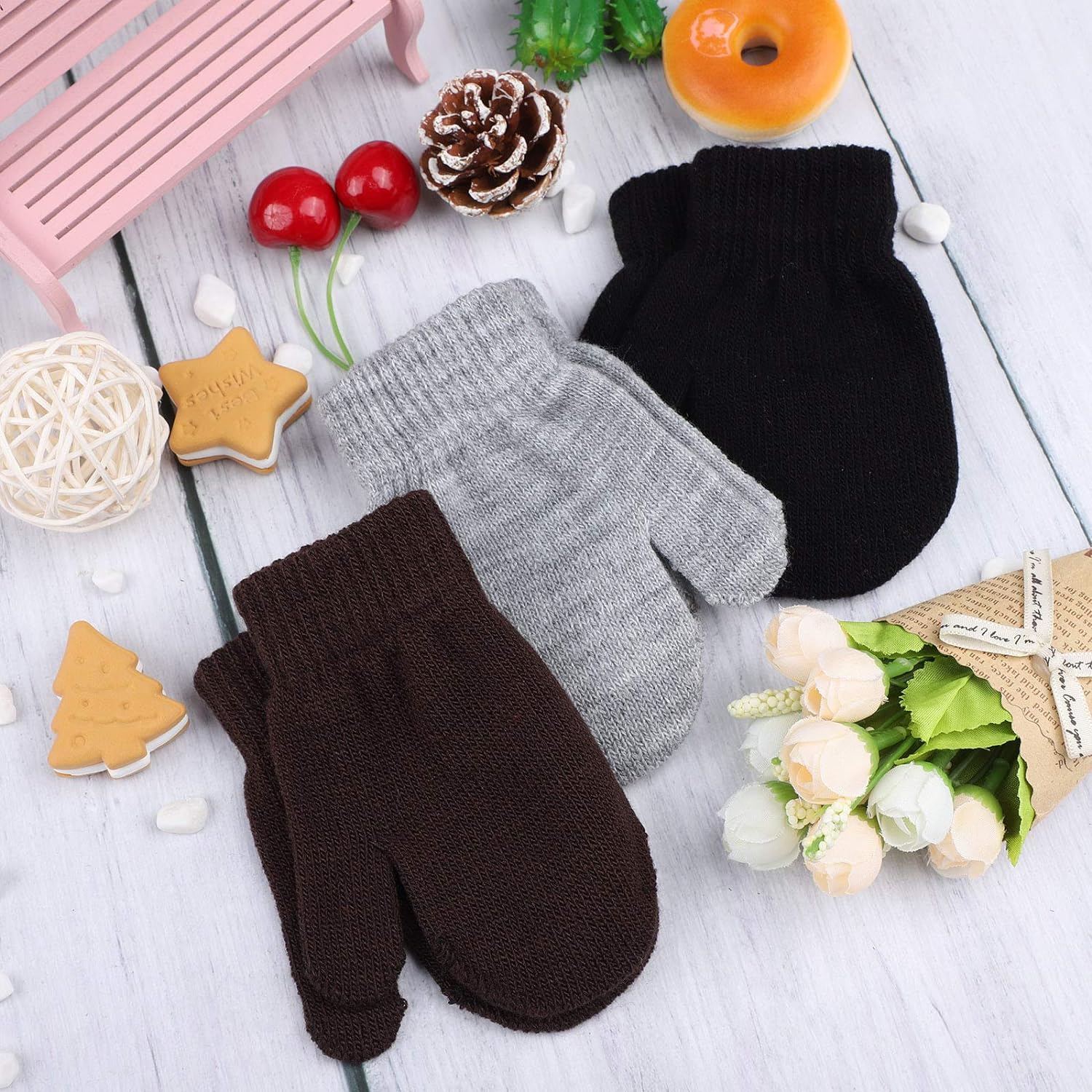 URATOT 6 Pairs Toddler Knitted Mittens Magic Stretch Gloves Winter Warm Knitted Soft Baby Mittens - Image 4